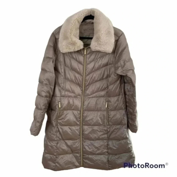 Michael kors champagne puffer jacket faux fur collar XL - Picture 1 of 11